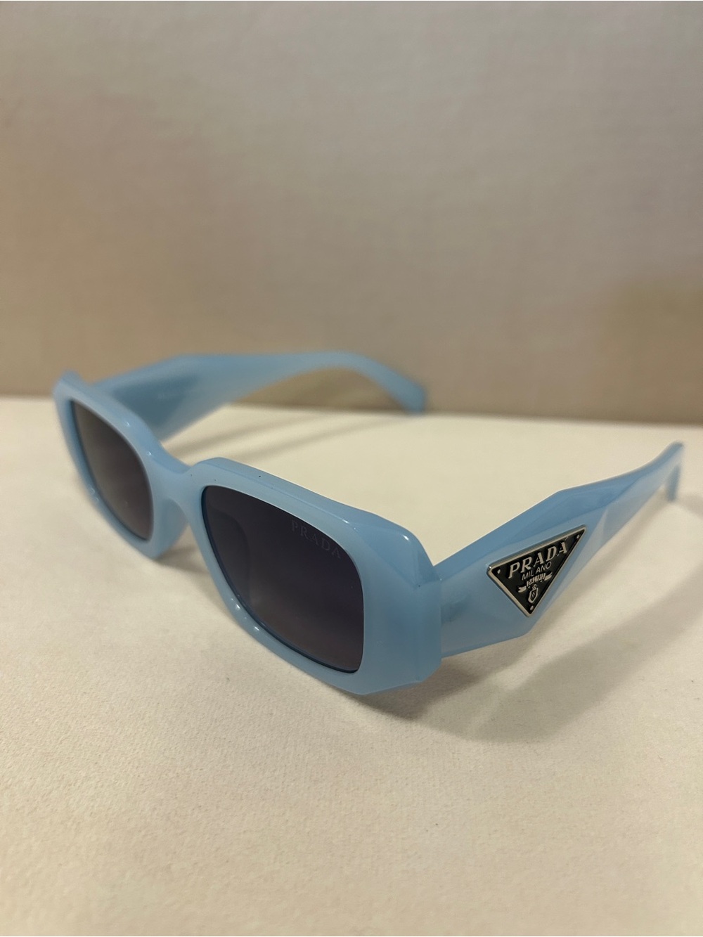 Prada Light Blue Rectangular Sunglasses with Logo Plaque